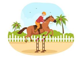 ilustración de dibujos animados de carreras de caballos con personajes que hacen campeonatos deportivos de competición o deportes ecuestres en el hipódromo vector