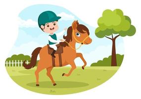 ilustración de dibujos animados de equitación con un personaje de gente linda practicando paseos a caballo o deportes ecuestres en el campo verde