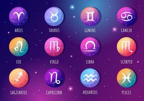 signo astrológico de la rueda del zodíaco con símbolo doce nombres de astrología, horóscopos o constelaciones en la ilustración de vector de personaje de dibujos animados plana