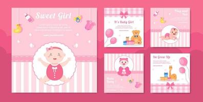 Baby Shower Little Girl Social Media Post Template Flat Cartoon Background Vector Illustration