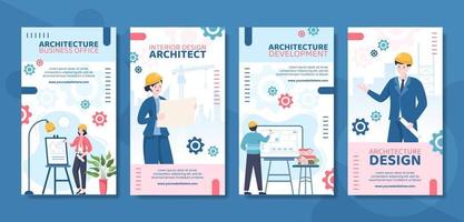 Architect or Engineer Social Media Stories Template Flat Cartoon Background Vector Illustration