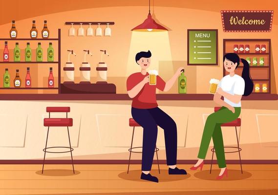 Bar or Pub at Evening with Alcohol Drinks Bottles, Bartender, Table, Interior and Chairs in Indoor Room in Flat Cartoon Illustration