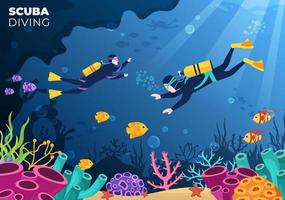 Scuba Diving with Underwater Swimming Equipment for Exploring Coral Reef, Sea Flora and Fauna or Fish in the Ocean in Flat Cartoon Vector Illustration