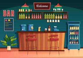 bar o pub por la noche con botellas de bebidas alcohólicas, barman, mesa, interior y sillas en una habitación interior con ilustraciones planas de dibujos animados vector