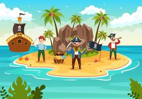 linda ilustración de personaje de caricatura pirata con rueda de madera, cofre, caribe vintage, piratas y jolly roger en un barco en el mar o en la isla vector