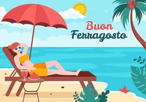 buon ferragosto festival de verano italiano en ilustración de dibujos animados de playa en día festivo celebrado el 15 de agosto en diseño de estilo plano vector