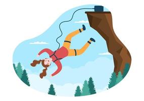 Bungee Jumping of People Tied with Elastic Rope Falling Down After Jump From a Height in Flat Cartoon Extreme Sport Vector Illustration