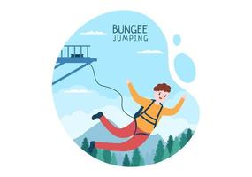Bungee Jumping of People Tied with Elastic Rope Falling Down After Jump From a Height in Flat Cartoon Extreme Sport Vector Illustration