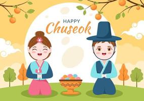 feliz día de chuseok en corea por acción de gracias con personas en hanbok tradicional, luna llena y paisaje de cielo en ilustración de caricatura plana vector