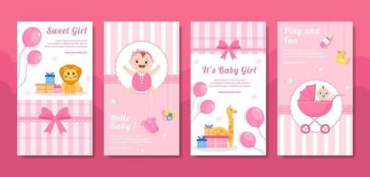 Baby Shower Little Girl Social Media Stories Template Flat Cartoon Background Vector Illustration