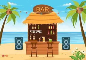 bar tropical o pub en la playa con botellas de bebidas alcohólicas, barman, mesa, interior y sillas junto al mar en una caricatura plana vector