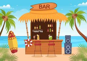 bar tropical o pub en la playa con botellas de bebidas alcohólicas, barman, mesa, interior y sillas junto al mar en una caricatura plana vector