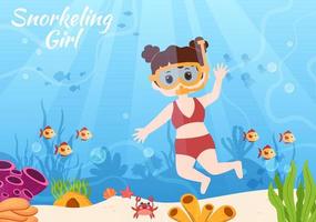niños buceando con natación submarina explorando el mar, arrecifes de coral o peces en el océano en ilustraciones planas de vectores de dibujos animados