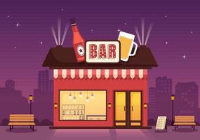 Bar or Pub Building with View at Night of Cafe Exterior in Flat Cartoon Illustration vector