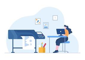 Print Shop Illustration with Production Process at Printing House and Machines for Operating big File Printers in Flat Style Cartoon vector