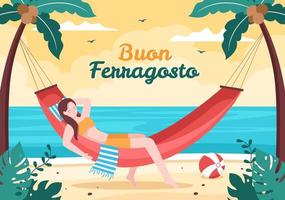 buon ferragosto festival de verano italiano en ilustración de dibujos animados de playa en día festivo celebrado el 15 de agosto en diseño de estilo plano