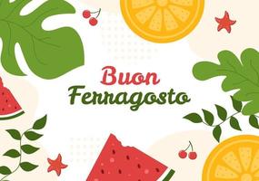 buon ferragosto festival de verano italiano en ilustración de dibujos animados de playa en día festivo celebrado el 15 de agosto en diseño de estilo plano vector