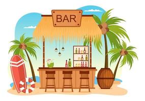 Tropical Bar or Pub in Beach with Alcohol Drinks Bottles, Bartender, Table, Interior and Chairs by Seaside in Flat Cartoon Illustration vector