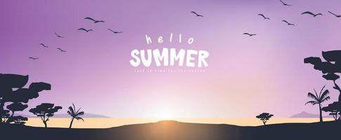 Summer poster banner background template with Scenic sunset on tropical beach vector