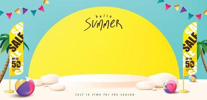 Summer sale poster banner template with product display podium and beach party background vector