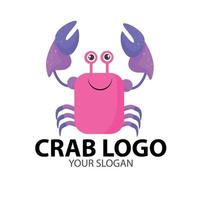 Cute pink crab cartoon image. Vector illustration of cute smiling crab character. Emoticon. Seafood restaurant crab logo