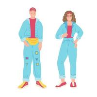A man and a woman in denim suits in the style of the 90s. Flat vector illustration