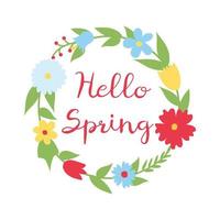 Flower wreath with the inscription hello spring, painted in doodle style. Spring collection. Flat vector illustration