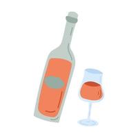 A bottle of wine and a glass painted in doodle style. Cozy autumn. Flat vector illustration