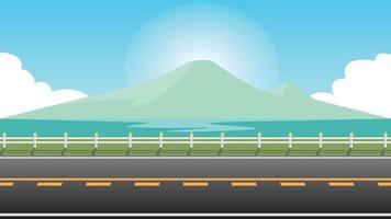 Horizontal view of empty asphalt road.  Background of roadside wall and green grass and island on the sea. Under the blue sky and white clouds with sunlight. vector