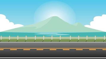 Horizontal view of empty asphalt road.  Background of roadside wall and green grass and island on the sea. Under the blue sky and white clouds with sunlight. vector