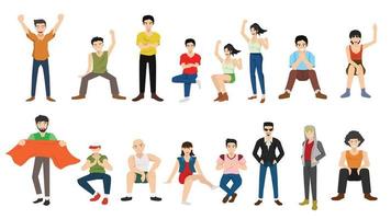 Cartoon character style of teenage person visitors and supporters. Personalities both sitting and standing in different poses in different outfits. layering on isolated white background. vector