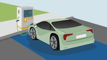 Electric Vehicle sport car charging parking at the charger station with a plug in cable.  Charging in the beside of car to battery. Near asphalt road. vector