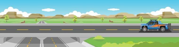 Happyness time of pickup car travels on country road. Carrying a truck for travel.  Asphalt road near the meadow and mountain. under blue sky and white clouds. Crosswalk with highway road. vector