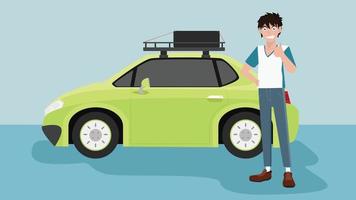 Happy of buyer man in the relaxed clothing set. Great raising hands and smiling. With mini travel car green color hanve rack and spare tire on the roof. on isolated blue tone in the show room. vector