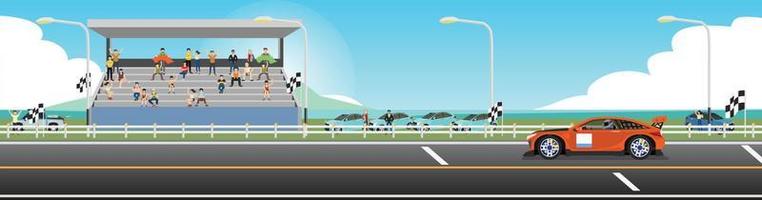 Super car on race track of for banner. Background of stadiums and cheerleaders. With background of sea under blue sky and white clouds. Copy Space Flat Vector Illustration.