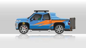 Concept vector illustration of detailed side of a flat pickup car blue color with driving man inside car. with shadow of car on reflected from the ground below. And isolated white background.