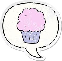 cartoon cupcake and speech bubble distressed sticker vector