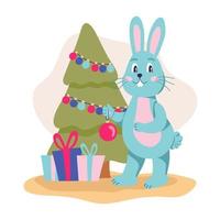 un conejo está decorando un árbol de navidad. símbolo del año, ilustración vectorial plana vector