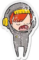 distressed sticker of a cartoon astronaut woman explaining vector