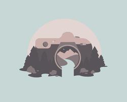 Vector image of a camera capturing beautiful nature. Nature in the vicinity of the camera. Trees, mountains and a river. Illustration in bed colors. Travel and great adventure illustration.