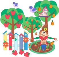 ambientado en el tema de la cosecha. lindo espantapájaros, árboles frutales y zanahorias. ilustración de dibujos animados vector