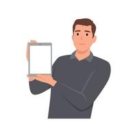 joven mostrando o sosteniendo la pantalla en blanco de la tableta digital en las manos. las últimas tendencias en tecnología moderna y el concepto de dispositivos y dispositivos digitales. ilustración vectorial plana vector