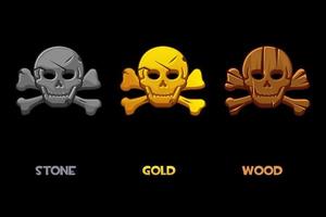 marca negra pirata, calavera de dibujos animados con huesos. ilustración vectorial conjunto de iconos de un cráneo humano aterrador para el juego. vector