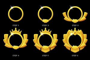 Gold frame game rank, round avatar template 6 steps animation for game. vector