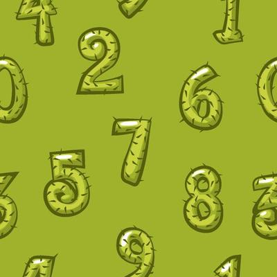 Cartoon cactus numbers seamless pattern, background green bright figures for game ui.