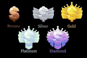 Game Rank Reward dollar, gold, silver, platinum, bronze, diamond money 6 steps animation for game. vector
