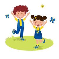 Ukrainian girl and boy in the colors of the flag of Ukraine. Children characters on the lawn. vector