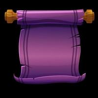 Old scroll violet paper, papyrus on wooden planks for manuscript. Vector illustration of a blank bright purple paper template for the game.