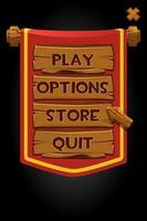 Pop up banner wood panels and red flag for game. Vector illustration of a custom menu window, wooden buttons and arrow.