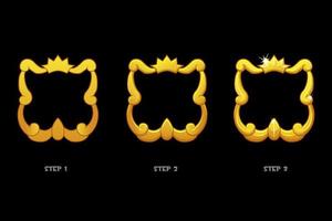 Gold frame templates with crown, blank avatar 3 steps of drawing for game. vector